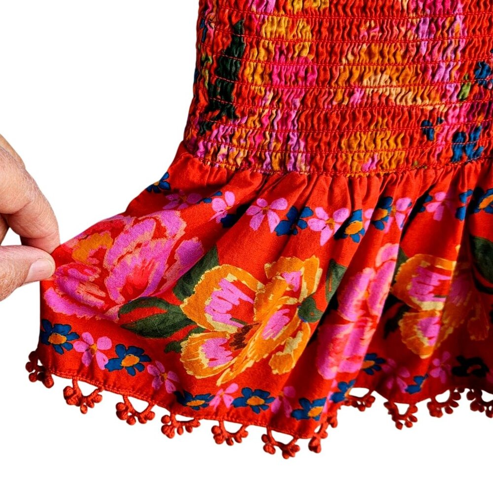 Farm Rio Red Floral Smocked Bodycon Mini Dress Size L M L - Picture 4 of 16